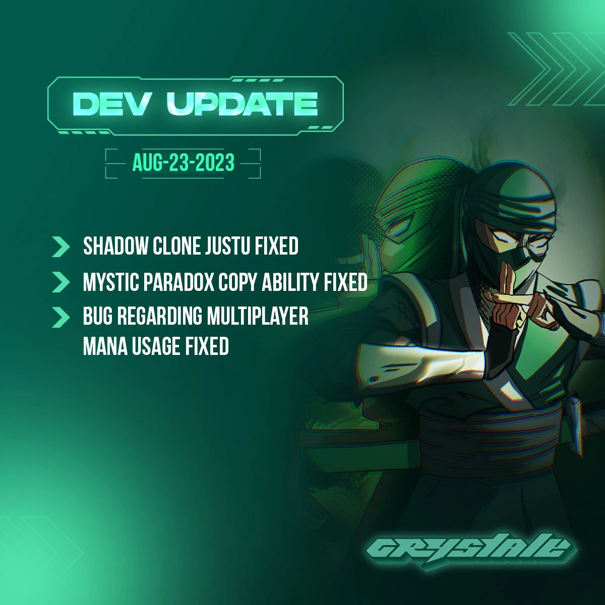 Crystale developer update from August 23, 2023 listing three fixes, with a ninja character