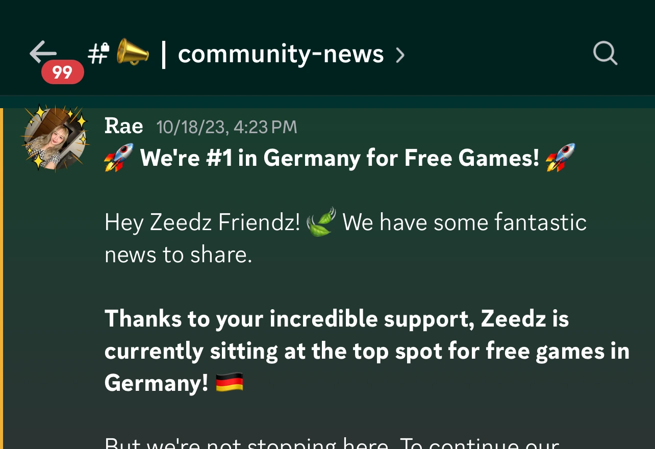 Discord announcement stating Zeedz was number one in Germany for free games
