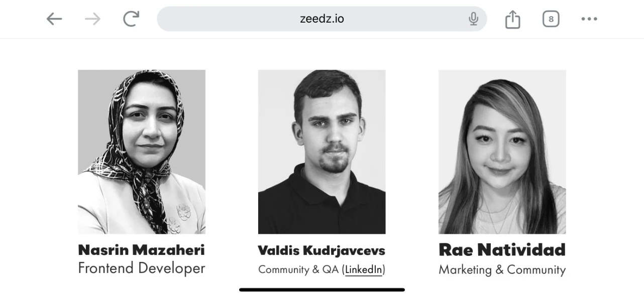 Zeedz team page showing Rae Natividad as Marketing and Community